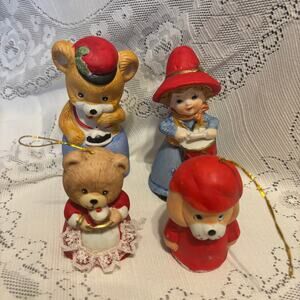 Vintage Jasco Set of 4 Porcelain Ornaments Bear Dog Drummer Girl Christmas